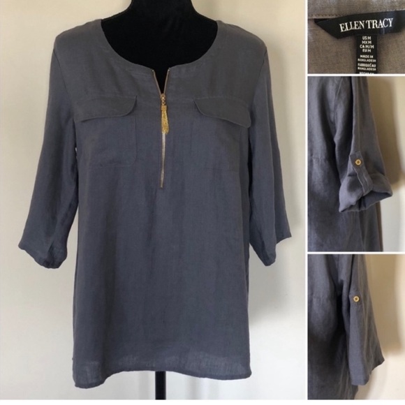 Ellen Tracy 100% linen grey pullover blouse top 3/4 sleeve lagenlook size medium - Picture 2 of 13